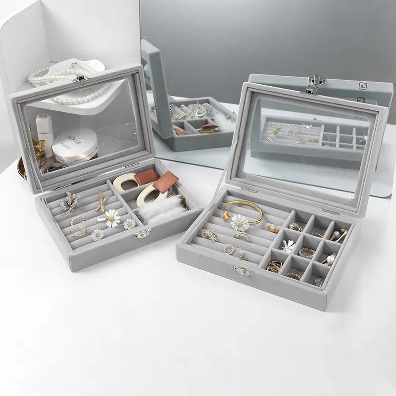 Mistico Velvet Jewelry Box – Glass Cover Ring & Accessories Case
